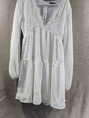 Lulu's Ivory Swiss Dot Long Sleeve V-Neck Mini Dress